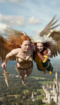 Winged Goddess Valkyrie Carries Ally Over Castle Kingdom Skies