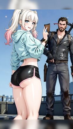 Anime Twintail Girl Teases Mercenary Soldier on City Rooftop