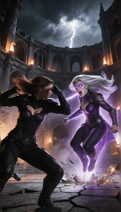 Brunette Assassin Battles White-Haired Sorceress in Thunderous Arena