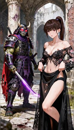 Anime Priestess Meets Armored Demon Samurai in Ruins