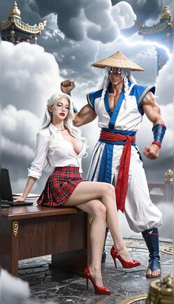 Thunder God Warrior and Schoolgirl Fantasy Scene