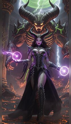 Dark Demon Sorceress Unleashes Arcane Power in Hellscape