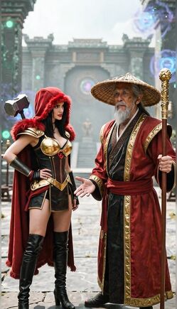 Crimson Warrior Meets Mystic Monk in Ancient Temple Courtyard