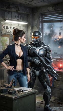 Armored Soldier Protects Ally in Explosive Sci-Fi Battlefield