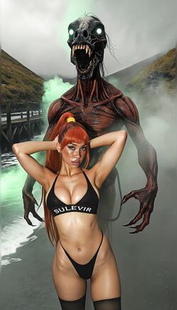 Terrifying Creature Emerges Behind Model in Toxic Lake Scene