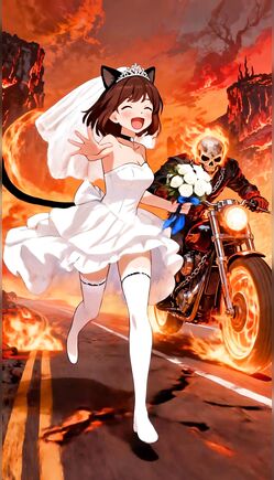 Joyful Catgirl Bride Dancing in Fiery Apocalypse