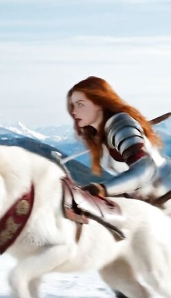 Redhead Warrior Rides Wolf Across Snowy Mountain Battlefield