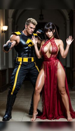 Powerful Fighter Confronts Elegant Woman in Intense Corridor Scene