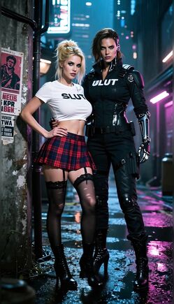 Cyberpunk Duo Walk Through Neon Alley in Futuristic Night
