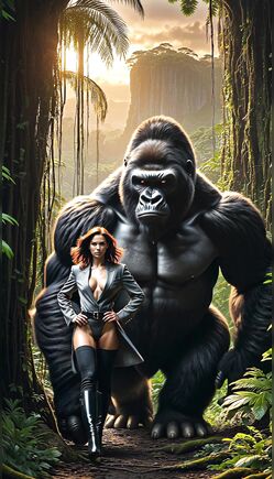 Giant Gorilla Walks Beside Explorer in Lush Jungle