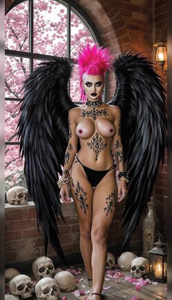 Dark Angel with Black Wings in Gothic Ritual Room