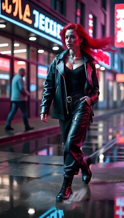 Redhead Walking Through Neon City Night in Leather