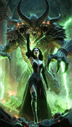 Dark Sorceress Summoning Demon in Apocalyptic Fantasy Realm
