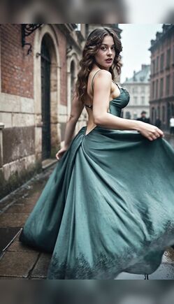 Elegant Woman in Flowing Dress Walking Through Rainy Street