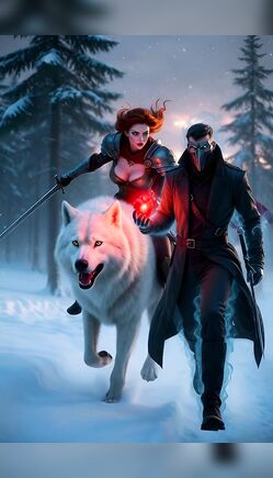Redhead Warrior and Hunter Riding Wolf Through Snow