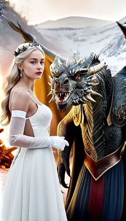 Enchanted Dragon Guardian Standing Beside Royal Fantasy Maiden