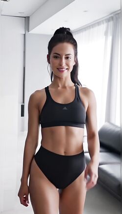 Athletic Brunette Fitness Beauty Walking Through Modern Luxury Interior