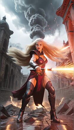 Fierce Fantasy Warrior Unleashing Firepower In Ruined City Battlefield