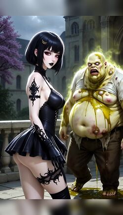 Gothic Girl Faces Toxic Monster In Dark Horror Courtyard