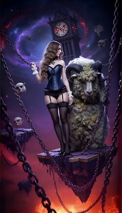 Dark Fantasy Beauty Faces Beast Above Infernal Floating Realm