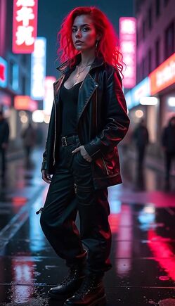 Mysterious Redhead Walks Through Neon Cyberpunk City Streets