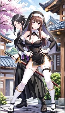 Anime Nun And Samurai Pose At Temple Garden