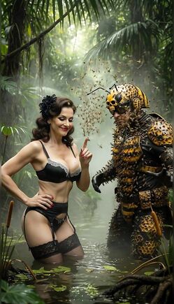 Pin-Up Brunette Confronts Insectoid Alien In Jungle Swamp