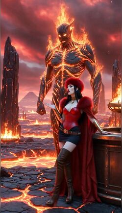 Sorceress Commands Fiery Demon in Volcanic Wasteland