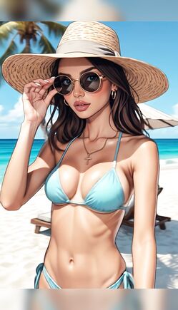Brunette Poses in Blue Bikini on Tropical Beach