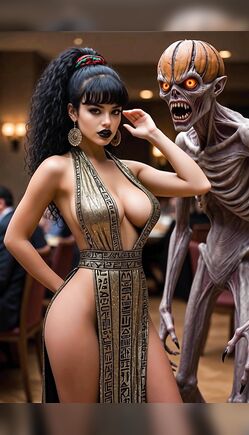 Brunette in Gold Dress Poses With Zombie in Restaurant