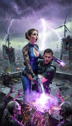 Soldier and Brunette Fight Zombies on Stormy Rooftop