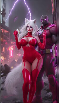 White Haired Catgirl Poses in Red Suit With Superhero