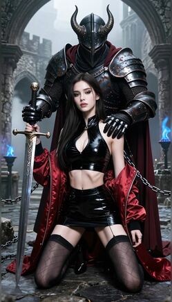 Brunette in Leather Kneels Before Horned Demon Knight