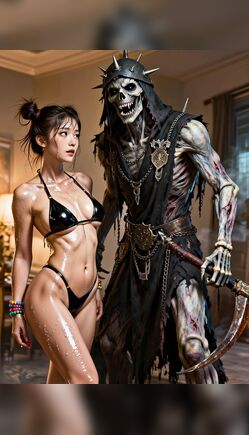 Terrifying Undead Reaper Stalks Bikini Beauty Indoors