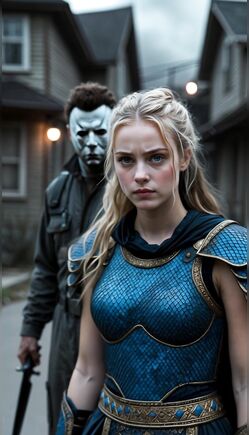 Blonde Warrior Faces Masked Killer on Dark Suburban Street