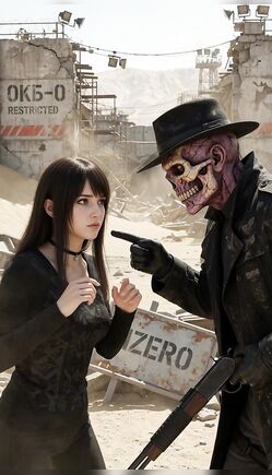 Masked Skeleton Gunslinger Confronts Woman in Desert Wasteland