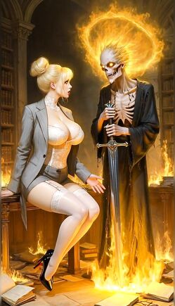Flaming Reaper Tempts Blonde Secretary in Occult Library