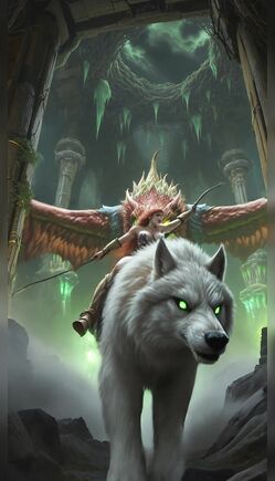 Redhead Warrior Rides Wolf Through Phoenix Lit Dungeon