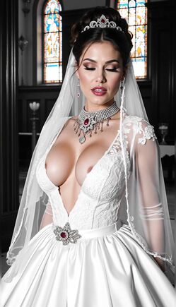 Busty Brunette Bride Poses in Church Wedding Gown
