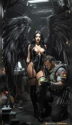 Fallen Angel Dominates Soldier in Sci-Fi Laboratory Scene
