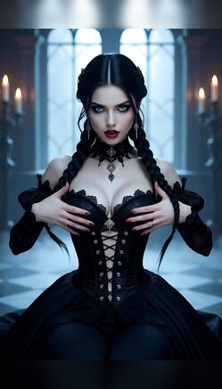 Gothic Brunette Teases in Black Corset Castle Chamber