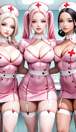 Sexy Pink Nurse Trio Poses Seductively Together