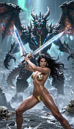 Fierce Warrior Goddess Confronts Ancient Dragon in Dungeon