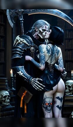 Tattooed Goth Embraces Undead Reaper in Dark Library
