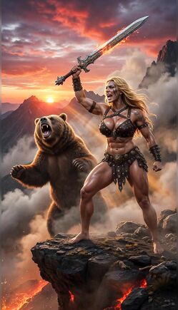 Blonde Barbarian Warrior Battles Bear at Fiery Mountain Sunset