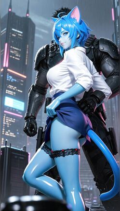Blue Catgirl Office Lady in Cyberpunk City with Android