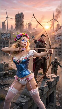 Blonde Archer Defends Ruins Against Zombies at Sunset