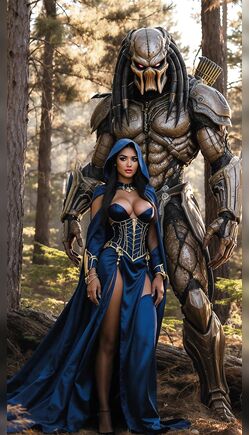Hooded Sorceress Meets Alien Predator in Enchanted Forest