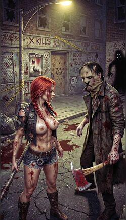 Redhead Survivor Confronts Axe Zombie in Bloody Alley