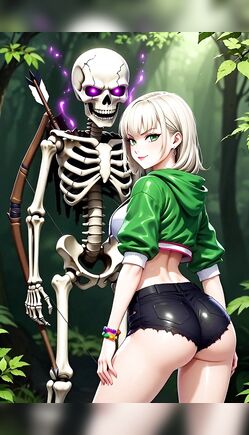 Anime Blonde Adventurer Posing Beside Glowing Skeleton Warrior